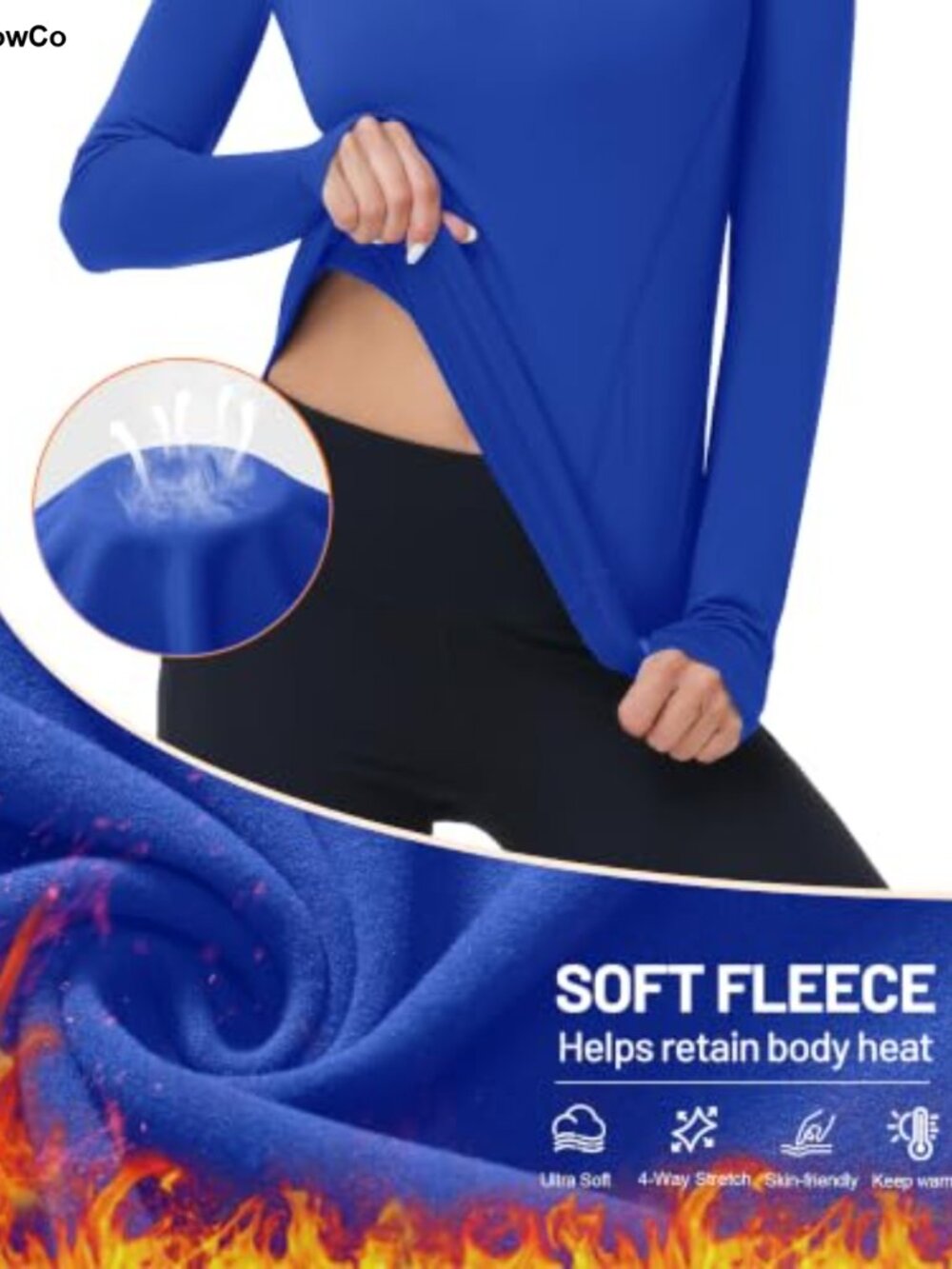 Women's Thermal Long Sleeve Mock Neck Fleece Top Thumbholes - Picture 3 of 6